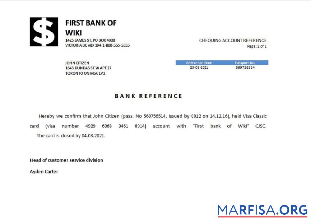 Blank USA First Bank of Wiki closure reference sample